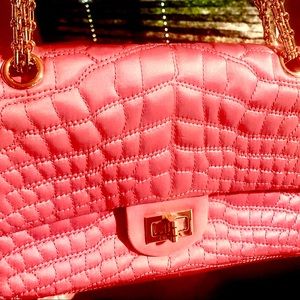Chanel pink double flap bag with crocodile print